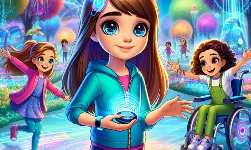 En primer plano, Valeria, una niña de diez años con largos cabellos castaños y ojos llenos de curiosidad, se encuentra en el centro, sonriendo y sosteniendo un pequeño gadget futurista en sus manos. A su derecha, Sofía, otra niña de diez años con cabello rizado y mucha energía, levanta los brazos al aire, llena de entusiasmo. A la izquierda, Lucía, una niña de diez años en silla de ruedas, con cabello liso y una expresión alegre, utiliza un dispositivo de control para activar un pequeño robot que las rodea. En el fondo, el parque de realidad aumentada de Luminosia se extiende majestuosamente, con árboles luminosos y flores coloridas que parecen bailar. Hologramas de dinosaurios y criaturas fantásticas flotan en el aire, mientras niños ríen y juegan alrededor. El cielo es de un azul brillante, salpicado de vehículos flotantes que dejan estelas de luz. La escena principal muestra a las tres amigas presentando su invención, el "Comunicador RoboAmigo", a un grupo de niños y adultos asombrados. La atmósfera es alegre y llena de energía, ilustrando el espíritu de innovación y amistad que reina en esta ciudad futurista.