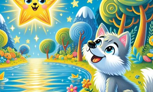 Un lobo llamado Lupi, con un pelaje suave y plateado, ojos brillantes y curiosos, se encuentra al borde de un lago resplandeciente, maravillado y alegre. Mira una estrella brillante que flota sobre el agua, iluminando su rostro con una luz dorada. Junto a él, una estrella sonriente, con rayos dorados y ojos chispeantes, parece invitarlo a la aventura. El lugar es un jardín mágico, lleno de flores coloridas que bailan al viento, árboles con troncos en espiral y un cielo azul salpicado de nubes esponjosas. Lupi está a punto de seguir la estrella brillante hacia un mundo maravilloso, lleno de promesas y amistad.