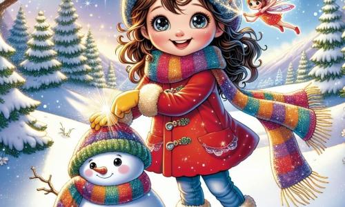 Ein 9-jähriges Mädchen, Mia, mit braunen Locken und neugierigen Augen, steht im Mittelpunkt der Szene und lächelt breit. Sie trägt einen leuchtend roten Mantel, einen bunten gestreiften Schal und gelbe Handschuhe und baut begeistert einen Schneemann, ihre Wangen sind vom Kälte gerötet. Neben ihr fliegt eine kleine leuchtende Fee, kaum größer als eine Hand, mit schimmernden blauen und violetten Flügeln um sie herum und strahlt sanftes Licht aus. Die Fee wirkt fröhlich und verspielt und verleiht der Szene einen Hauch von Magie. Im Hintergrund erstreckt sich eine bezaubernde Winterlandschaft: majestätische, schneebedeckte Bäume, sanfte Hügel und ein hellblauer Himmel, der mit fallenden Schneeflocken übersät ist. Sonnenlicht strahlt durch die Äste und erzeugt funkelnde Reflexionen auf dem verschneiten Boden. Die Hauptsituation zeigt Mia, die von der Magie des Winters gefesselt ist, während sie einen Schneemann formt und die Fee um sie herum tanzt und die Schönheit und Freude dieses Wintertages feiert.