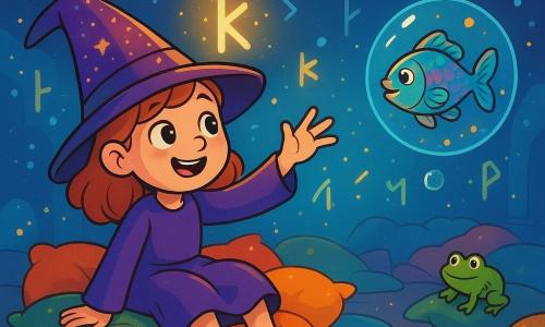 Eine siebenjährige Lehrlingshexe namens Minna sitzt auf einem großen Haufen weicher Kissen, ihr Gesicht strahlt vor Staunen. Sie trägt einen leicht schiefen spitzen Hut, verziert mit glitzernden Pailletten, und ihre Schuhe funkeln magisch. Ihre Augen leuchten vor Neugier, während sie ihren Arm zu einer leuchtenden Rune ausstreckt, die in der Luft tanzt. Neben ihr schwebt Fridolin, ein kleiner magischer Fisch, in einer Seifenblase, seine schillernden Schuppen reflektieren die lebhaften Farben des Raumes. Er spritzt fröhlich und verleiht der Szene einen Hauch von Verrücktheit. Die Szenerie spielt in einem weitläufigen verzauberten Saal, wo funkelnde Sterne wie Laternen von der Decke hängen. Die Wände sind mit leuchtenden Runen geschmückt, die in der Luft schweben und eine märchenhafte, fröhliche Atmosphäre schaffen. Bunte Kissen liegen verstreut, und Lichtblitze tanzen überall und verstärken die magische Stimmung. Minna versucht, eine fröhlich wackelnde Rune zu lesen, während kleine Frösche um sie herumhüpfen und eine verspielte, bezaubernde Atmosphäre schaffen. Lachen und magische Blasen erfüllen die Luft und machen diesen Moment sowohl unterhaltsam als auch fesselnd.