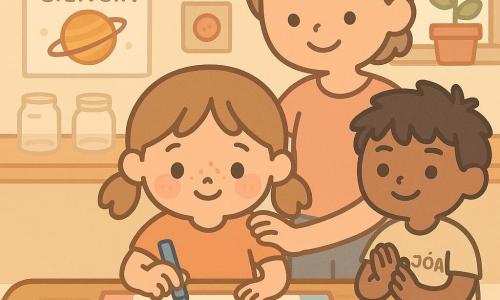 Menina de 8 anos, cabelo castanho em rabo de cavalo, rosto redondo com sardas, expressão tímida e orgulhosa, segura um marcador azul e escreve numa grande cartaz deixando um 