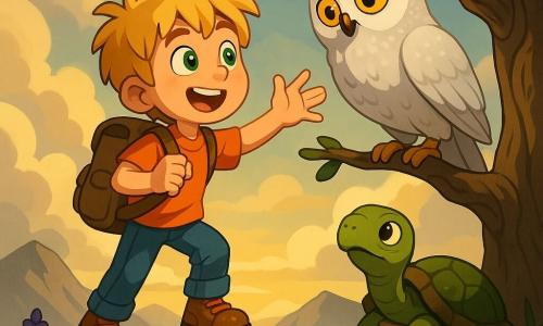 An 8-year-old blond boy with messy hair and bright green eyes, smiling and brave, holds a canvas backpack and reaches toward a white owl; he stands on a wet rock atop a mountain. The white owl with large golden eyes and slightly shimmering textured plumage perches on a thick branch of an ancient oak to his right, head tilted as if speaking. A wise old tortoise with a green-brown mossy shell sits on a lower rock to his left watching. The summit has clouds parting into golden rays, rough gray rocks, tall grass and purple wildflowers in the wind. The scene feels adventurous and gentle, with warm late-afternoon light, saturated colors, strong cel-shaded contrasts and sharp shadows; medium shot, slight low angle to emphasize the mountain.