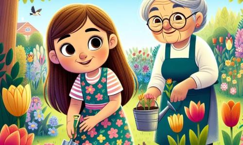Una niña de 12 años, Lucía, con largos cabellos castaños y ojos brillantes de curiosidad, se encuentra en medio de un jardín colorido, con una gran sonrisa iluminando su rostro. Lleva un vestido de flores y está plantando semillas en un suelo fértil, rodeada de tulipanes y margaritas brillantes. A su lado, su abuela, una mujer de unos 70 años, con cabello gris recogido y gafas redondas, la observa con orgullo. Lleva un delantal de jardinería y sostiene una pequeña pala, lista para ayudarla. El jardín es un verdadero cuadro viviente, con flores de todos los colores, abejas zumbando y pájaros cantando sobre ellos. La situación principal muestra a Lucía y su abuela plantando flores juntas, simbolizando el vínculo entre generaciones y el amor por la naturaleza, en un ambiente alegre y primaveral.