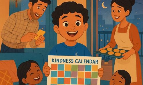 An 8-year-old boy with a round, freckled face and black curly hair smiles proudly holding a colorful 