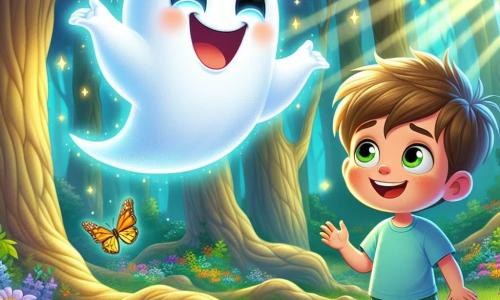 A little ghost named Glimmer floats joyfully in the air, with a bright smile and sparkling mischievous eyes. His translucent body glows softly, and he has tiny shimmering wings like butterflies. Glimmer is showing something exciting to Oliver. 

Oliver, an eight-year-old boy with messy brown hair, wears a blue t-shirt and green shorts. He stands wide-eyed with surprise and joy, holding a colorful balloon in his hands. He is next to Glimmer, marveling at the scene around them.

The scene takes place in an enchanted clearing in the Whispering Woods, where tall, gnarled trees surround a shimmering pond. Colorful flowers and fireflies dance in the air, creating a magical atmosphere as sunlight filters through the dense foliage.

Glimmer and Oliver discover the heart of the forest together, a glowing crystal on an old wooden table surrounded by dusty books. Glimmer's expression is full of excitement as Oliver approaches the crystal, awed by its beauty and brilliance.