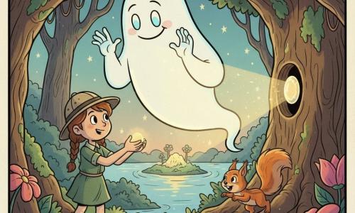 Fantasma Sir Hugo, guardião do pântano, flutua ao centro: forma translúcida branca de bordas suaves, sorriso benevolente e olhos azul-pálido, expressão serena; Lúcia, menina de 9 anos com cabelo castanho em trança, chapéu de exploradora, vestido verde e botas enlameadas, segura a Pedra da Harmonia e a oferece à cavidade do velho carvalho, decidida e maravilhada, à frente à esquerda; Tico, pequeno esquilo ruivo de pelagem macia e cauda farta, salta numa raiz perto de Lúcia, olhar alegre voltado ao fantasma; cenário: pântano mágico ao crepúsculo com árvores retorcidas cobertas de musgo, raízes grossas, flores gigantes fosforescentes, água espelhada refletindo estrelas e uma ilha luminosa ao longe; momento: devolução da Pedra da Harmonia com luz suave saindo da pedra e feixes dourados envolvendo os personagens, atmosfera mística e acolhedora; estilo gráfico: traços arredondados e fluidos, sombras simples, textura de papel antigo, paleta quente com toques de ciano e magenta para o efeito mágico.