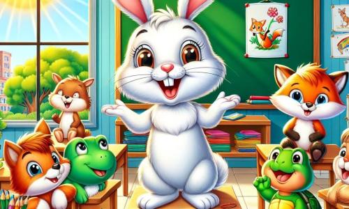 An illustration depicts a small rabbit with bright white fur and long floppy ears, expressing great joy and excitement as it tells a story to its friends, with a big smile and sparkling eyes. A mischievous fox with bright red fur and a bushy tail stands next to the rabbit, listening attentively with an admiring look. A cheerful turtle with a green shell and round eyes sits in front of the rabbit, smiling and nodding along with the story. The setting is a colorful classroom with walls adorned with animal drawings, educational posters, and windows letting in sunlight, brightening the space with vivid colors. The main scene shows the little rabbit captivating its audience with an exciting tale while its friends listen intently, their faces lit up with enthusiasm. Additional elements include scattered colored pencils on desks, a blackboard with drawings and words, and a reading corner with stacked books, creating a joyful and friendly learning atmosphere.