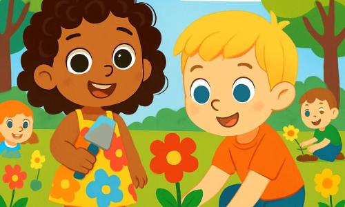 A 4-year-old girl, Mia, with sparkling brown eyes and curly hair, joyfully smiles while holding a small shovel. She wears a colorful dress with floral patterns and sandals. Next to her, her friend Sam, a 4-year-old boy with blonde hair and blue eyes, kneels to plant a flower, showing a focused and enthusiastic expression. The setting is a sunny park filled with bright flowers, large green trees, and a light blue sky dotted with white clouds. Freshly turned soil and gardening tools are scattered around them. The main scene shows Mia and Sam planting flowers together, surrounded by their smiling classmates, all engaged in this delightful gardening activity, bringing life and color to their surroundings.