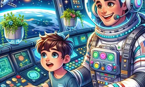 Een mannelijke astronaut, Mark, met een warme glimlach en sprankelende ogen van opwinding, zweeft in de controlekamer van het ruimtestation. Hij draagt een zilveren ruimtepak dat schittert onder het sterrenlicht, met kleurrijke details op de helm. Naast hem staat een 10-jarig jongetje, Tom, met rommelig kastanjebruin haar en een verwonderde blik, aandachtig kijkend naar de controlepanelen, zijn kleine handen op een dashboard.

De controlekamer is gevuld met lichtgevende knoppen, schermen die ruimtedata weergeven, en grote ramen die een spectaculair uitzicht bieden op de blauwe aarde en de schitterende sterren. Planten drijven in doorzichtige containers, wat een vleugje groen toevoegt aan de futuristische omgeving.

Mark laat Tom zien hoe hij een van de apparaten moet gebruiken, terwijl Tom, met grote ogen, klaar lijkt om alles te leren wat hij kan over de ruimte. De sfeer is vrolijk en vol verwondering, en vangt de geest van avontuur en ontdekking die heerst in de uitgestrektheid van het universum.