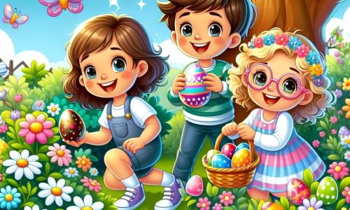 En un jardín mágico lleno de flores coloridas, tres niños están en plena búsqueda de huevos de Pascua. Lucas, un niño de 5 años con cabello castaño y ojos brillantes, está agachado cerca de un arbusto, sosteniendo un huevo de chocolate brillante en sus manos. A su lado, Sofía, una niña de 5 años con cabello rubio y rizado, sonríe mientras sostiene una gran cesta llena de huevos coloridos. Un poco más lejos, Tomás, un niño de 5 años con cabello negro y gafas, salta de alegría al descubrir un huevo dorado escondido bajo una flor. El jardín está soleado, con árboles verdes, mariposas revoloteando y huevos de Pascua multicolores escondidos entre la hierba. Al fondo, un gran árbol con ramas florecidas ofrece una sombra suave, creando un ambiente alegre y festivo. Los niños están rodeados de risas y colores, celebrando la magia de la Pascua en una atmósfera de felicidad y amistad.