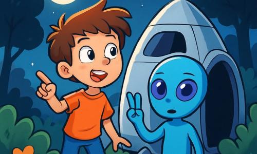 Un niño de 10 años, Lucas, con el cabello castaño desordenado y ojos llenos de curiosidad, se encuentra frente a una pequeña nave espacial plateada oculta detrás de unos arbustos. Su rostro expresa una mezcla de asombro y emoción, con las mejillas ligeramente sonrojadas por la adrenalina. A su lado, Zorbi, un extraterrestre de pequeña estatura, tiene la piel de un azul brillante y grandes ojos violetas. Levanta una mano en señal de paz, con una expresión que mezcla preocupación y determinación, mientras se sitúa cerca de la puerta de la nave. El escenario es un jardín nocturno, iluminado por la luz plateada de la luna, con árboles oscuros y estrellas brillantes de fondo. Flores coloridas y sombras misteriosas añaden un toque mágico a la atmósfera. La escena muestra a Lucas y Zorbi conversando, Lucas señalando hacia el cielo estrellado, mientras Zorbi explica la situación urgente. Una suave brisa mueve las hojas, creando un ambiente a la vez pacífico y lleno de tensión.