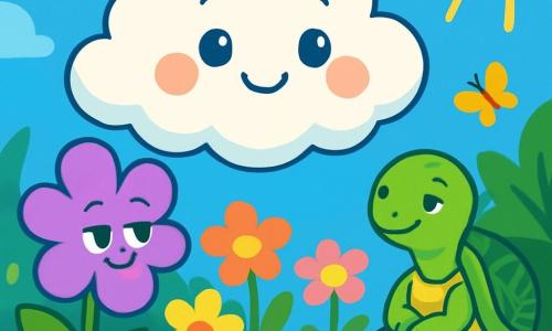 Una nube esponjosa, Nubi, flota alegremente en un cielo azul brillante, con ojos chispeantes de curiosidad y una sonrisa dulce. Nubi está rodeada de flores coloridas con pétalos vibrantes que parecen bailar al ritmo del viento, cada una con una expresión amigable y acogedora. En primer plano, una flor violeta, con pétalos en forma de corazón, murmura pensamientos sabios a Nubi, sus ojos brillando de inteligencia y bondad. Al fondo, una tortuga sabia, Medita, con un caparazón adornado con patrones delicados, observa la escena con una mirada serena, sentada sobre una piedra lisa, lista para compartir su sabiduría. El jardín es un lugar encantador, lleno de flores de colores brillantes, mariposas revoloteando y rayos de sol filtrándose a través de las hojas verdes. Nubi escucha atentamente los murmullos de las flores, absorbiendo su sabiduría, mientras la suave brisa acaricia su cuerpo esponjoso, creando una atmósfera pacífica y mágica.