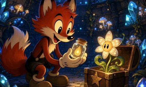 Main character: an anthropomorphic red fox with glossy jagged-edged cartoon fur and large expressive eyes, crouched before a small wooden chest, gently holding a glass jar containing a glowing drop, serene and awed; secondary character: a star-shaped flower sprouting from the chest with glossy green leaves and pearly petals emitting a warm, comforting glow; setting: a round underground stone chamber with walls dotted with bioluminescent mushrooms and sparkling crystals, smooth stone floor engraved with vine patterns, soft blue-and-gold lighting; main situation: the fox discovers a living treasure—a polished wooden chest marked with a star contains a pot from which the luminous drop of the star-flower emerges—an intimate, magical, calm scene centered on the contrast between the warm glow and the cool crystal light.