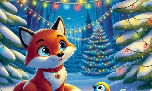 Ein kleiner roter Fuchs namens Finn, mit glänzendem Fell und neugierigen, funkelnden Augen, sitzt im Schnee und ist fasziniert von den glitzernden Lichtern der Bäume. Er zeigt ein breites Lächeln, seine Ohren sind aufgerichtet, was seine Aufregung zeigt. Neben ihm fliegt ein kleiner bunter Vogel, Pip der Spatz, mit leuchtend gelben und blauen Federn, fröhlich um Finn herum. Er sieht verspielt und glücklich aus, summt eine süße Melodie, während er sich auf einem nahegelegenen Ast niederlässt. Die Szene spielt in einem verzauberten Wald, wo große Tannen mit einer dicken Schneeschicht bedeckt sind, erleuchtet von bunten Lichterketten, die in der sternenklaren Nacht funkeln. Der Boden ist mit glitzerndem Schnee bedeckt, was eine magische und festliche Atmosphäre schafft. Finn und Pip bewundern gemeinsam die Schönheit der Weihnachtslichter und teilen einen Moment der Freude und Freundschaft in dieser friedlichen und märchenhaften Nacht.