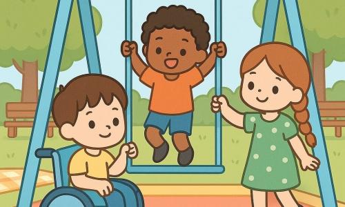 Drie kinderen spelen bij een nieuw pastel metalen klimrek in een zonnig park met gekleurde rubberen ondergrond: Finn, jongen van 10 met kort bruin haar en lichte huid in een lichtblauwe rolstoel, staat linksvoor en trekt zich geconcentreerd onder het rek omhoog met een verlegen glimlach; Noor, meisje van 9 met lange rode vlecht en een groene jurk met witte stippen, staat rechts op het rek, houdt een stang vast en kijkt bemoedigend naar Finn; Jay, jongen van 10 met krullend zwart haar en gebruinde huid in oranje T-shirt en spijkershort, hangt onder een andere stang in het midden en lacht terwijl zijn voeten net boven de rubberen mat zweven; sfeer warm, dynamisch en inclusief, met ronde groene bomen, enkele bankjes en een opgevouwen picknickdeken op het gras.