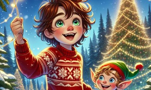 Un ragazzo di 9 anni, di nome Luca, con capelli castani disordinati e occhi brillanti di curiosità, si trova davanti a un enorme albero di Natale scintillante, con le braccia alzate in segno di meraviglia. Indossa un maglione rosso con motivi di fiocchi di neve e un paio di jeans, e il suo viso esprime pura gioia e fascinazione infantile. Accanto a lui, Elio, un piccolo elfo dai capelli biondi ricci e orecchie a punta, indossa un costume verde brillante con motivi dorati e un cappello con pon-pon. Sorride ampiamente, tenendo una ghirlanda di luci scintillanti, pronto ad appenderla all'albero. La scena si svolge in una foresta incantata, dove grandi alberi maestosi sono coperti di neve scintillante e fiocchi di neve cadono dolcemente dal cielo. Stelle brillano sopra, illuminando il paesaggio fiabesco. Luca ed Elio lavorano insieme per decorare il più grande albero di Natale del regno, appendendo ornamenti colorati e luci brillanti, mentre condividono risate e storie magiche sul vero spirito del Natale.