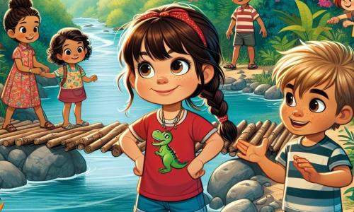 Un niño de 4 años, llamado Mateo, con cabello castaño alborotado y ojos brillantes de curiosidad, está al borde de un arroyo resplandeciente. Lleva una camiseta roja con un pequeño dinosaurio y un pantalón corto azul, y muestra una gran sonrisa, lleno de emoción y aventura. Junto a él, Ana, una niña de 4 años con trenzas rubias y gafas redondas, observa el arroyo con determinación. Lleva un vestido de flores y sandalias, lista para ayudarlo a cruzar. Luis, un niño de 5 años con cabello negro y pecas, recoge ramas para construir un puente. Está un poco atrás, pero su rostro muestra intensa concentración. Sofía, una niña de 4 años con cabello castaño y coletas, está un poco más lejos, con las manos en las caderas, animando a sus amigos con una sonrisa. El lugar es una hermosa selva tropical, con grandes árboles de hojas verdes, flores coloridas y un arroyo de aguas cristalinas que serpentea entre las rocas. La escena principal muestra a Mateo y sus amigos construyendo un puente de madera para cruzar el arroyo, llenos de entusiasmo y trabajo en equipo, listos para continuar su aventura en la Selva Misteriosa.