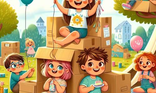 Una niña de 12 años, Ana, con largos cabellos castaños y ojos brillantes de travesura, está sentada sobre una gran caja de cartón, sonriendo, rodeada de sus amigos. Lleva una camiseta colorida y un short, y sostiene una guirnalda de globos en sus manos, lista para decorar su fortaleza. A su lado, Lucas, un chico de 12 años con gafas redondas y cabello castaño desordenado, sostiene una caja de cartón sobre su cabeza, luciendo concentrado y divertido. Carla, una niña de 11 años con cabello rizado y una vestido de flores, ríe mientras sostiene un plato de pasteles, lista para compartirlos. La escena se desarrolla en un parque verde, bajo un gran árbol con ramas extendidas, donde los rayos de sol atraviesan las hojas, iluminando su fortaleza hecha de cajas, mantas y decoraciones coloridas. Los amigos están construyendo su fortaleza, riendo y divirtiéndose juntos, mientras un pequeño pájaro curioso los observa desde una rama, añadiendo un toque de magia a esta alegre aventura.