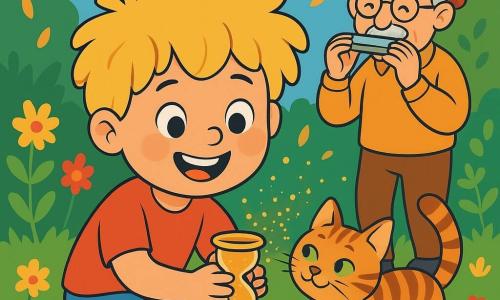 Un ragazzo di 4 anni, Nico, con capelli biondi arruffati come una nuvola dorata, sorride gioiosamente, i suoi occhi brillano di malizia. È accovacciato in giardino, tiene un piccolo vasetto di sabbia dorata, circondato da nuvole di polvere scintillante. Accanto a lui, un gatto tigrato dagli occhi verdi, il Gatto-Sveglia, si strofinano contro la sua gamba, emettendo un rumore di ronron. Più lontano, il vicino, il signor Bruno, un uomo anziano con occhiali rotondi e un cappello colorato, suona l’armonica, un sorriso caloroso sul viso. Il giardino è pieno di fiori vivaci, foglie dorate che danzano nel vento e un cielo blu chiaro punteggiato di nuvole soffici. Al centro di questa scena magica, Nico e i suoi amici stanno costruendo un orologio di sabbia dorato, ridendo e divertendosi, mentre la magia dell'amicizia illumina l'aria intorno a loro.