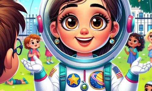 În centrul imaginii, o femeie astronaut numită Maria, cu un zâmbet strălucitor și ochi plini de entuziasm, poartă un costum spațial alb strălucitor, decorat cu patch-uri colorate ce reprezintă stele și planete. Părul ei brun este prins într-o coadă de cal, iar ea plutește ușor în aer, cu brațele deschise ca și cum ar dori să îmbrățișeze tinerii admiratori. În dreapta ei, un băiat pe nume Alex, în vârstă de aproximativ 8 ani, cu părul castaniu și ochelari rotunzi, o privește pe Maria cu admirație. El poartă un tricou albastru cu un model de rachetă și ține un carnet mic în care ia notițe, cu ochii mari de curiozitate. În fundal, se vede o scenă vibrantă a curții școlii, cu copaci verzi luxuriant și copii jucându-se. Balonase colorate plutesc în aer, adăugând o notă festivă atmosferei. Situația principală arată cum Maria împărtășește povești fascinante despre aventurile ei în spațiu, în timp ce Alex și colegii săi o ascultă cu atenție, captivați de relatările ei despre călătorii interstelare și descoperiri științifice.