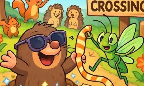Marvin, a small mole with messy brown fur and purple sunglasses, is excitedly smiling as he stands in the center of a dirt path surrounded by bright glass glitter and pieces of bread. Next to him, Gloria, a cheerful green grasshopper with long antennae and round eyes, joyfully jumps with her wings spread, holding a long striped sock as a signal. In the background, a crowd of colorful animals, including dancing squirrels and curious hedgehogs, watches the scene in awe. The setting is a sunny path lined with vibrant flowers and an old tree trunk, where a large wooden sign reads 