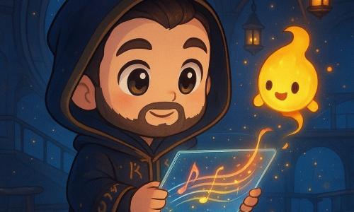 Um homem adulto, Dario, rosto redondo com barba curta, olhos grandes e brilhantes, expressão determinada e maravilhada, segura delicadamente uma placa de vidro luminosa que projeta linhas coloridas; veste um casaco escuro com runas douradas e uma chave-vara na cintura, ao seu lado direito flutua um pequeno espírito-lanterna não humano, corpóreo como uma lâmpada translúcida amarelo‑laranja com um rosto sorridente que ilumina o mapa e rodopia alegremente; nenhum outro humano presente; o atelier é uma sala suspensa no espaço com um banco de madeira gasto e ferramentas espalhadas, janelas circulares para um vazio estrelado, pontes metálicas e lanternas flutuantes ao fundo; a placa projeta três rotas luminosas — azul‑flauta de linhas finas, vermelho‑tambor com explosões pontiagudas e dourado‑coral em volutas suaves — formando motivos musicais que pairam sobre o banco; ambiente de cores saturadas, contrastes quente‑frio, reflexos metálicos, pequenas faíscas mágicas, estilo chibi kawaii fofo e claro, composição centrada em Dario e no mapa, perspectiva ligeiramente em plongée.