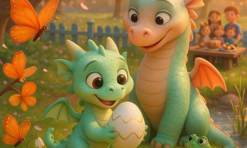 Miro, un dragon mic cât un pui de pisică, ține delicat un ou alb cu linii aurii în labele din față; are solzi verde mentă strălucitori, ochi caprui naivi și un zâmbet blând, iar mama lui, mai mare cu solzi pastel și privire tandră, stă în spate mândră; un fluture portocaliu se odihnește pe o ramură înflorită stânga, o broscuță verde stă pe o piatră lângă un pârâu scânteietor în planul mijlociu, iar în fundal o familie zâmbitoare e adunată lângă o masă rustică cu cozonac și ouă colorate; locul e un mic deal acoperit de violete și ghiocel, meri în floare, un râu limpede la dreapta cu stuf, și o gard din lemn albastru, scena principală fiind Miro pe vârful moviliței ținând oul luminos ca o promisiune de primăvară, lumină caldă de seară rozind scena, culori pastel saturate și textură moale și rotunjită, în stil 3D de film de animație.