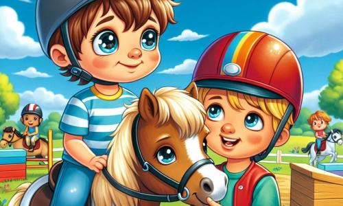 Un bambino di 4 anni, Leo, con un sorriso timido, indossa un bel cappellino blu e scarpe gialle. È seduto su un pony dolce di nome Stella, con capelli castani e occhi curiosi. Accanto a lui c'è Marco, un ragazzo di 5 anni con un casco rosso brillante, capelli biondi e un grande sorriso sicuro. Marco è sul suo pony, Fulmine, e tende la mano verso Leo per incoraggiarlo. La scena si svolge in un club di equitazione all'aperto, con un cielo blu e nuvole bianche. Si vedono ostacoli colorati in legno, alberi verdi sullo sfondo e altri bambini che si divertono a cavallo. Leo e Marco sono pronti a saltare un piccolo ostacolo insieme, Leo guarda Marco con eccitazione e apprensione, mentre Stella e Fulmine sembrano impazienti di iniziare l'avventura.
