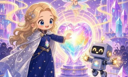 Captain Lira appears brave and kind, smiling with bright eyes, wearing a silver cape like moon ribbons, a midnight-blue star-specked dress and a rainbow crystal necklace, her hand on a huge glowing Heart Crystal sending out waves of light as dark, blurred shadows retreat; beside her Pip, a small friendly square robot of polished metal with blinking yellow lamp-eyes, sparks of light at his arm tips, hops slightly left of Lira; above the crystal flies tiny female sprite Mira with translucent rainbow wings and shiny turquoise hair, clapping and smiling in wonder; the scene is a floating crystal city of translucent pink and purple prism towers, glassy floors and golden ribbon rivers of light suspended in the air under a starry pastel sky with comets, overall magical comforting mood, soft centered lighting on the crystal, rounded simple shapes, smooth textures and a bright pastel palette.