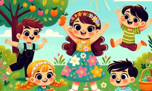 A 2-year-old girl named Lily, with bright big eyes and curly brown hair, joyfully smiles while holding a small basket filled with fruits. She wears a colorful floral dress and stands under a large green tree, surrounded by her friends. Tom, a 3-year-old boy, is small and quick like a rabbit, with messy blonde hair. He is happily jumping with his arms raised, discovering apples hidden under a bush. Mia, a 4-year-old girl, is tall and loves to dance, with long braided brown hair. She spins around with a big smile, holding a juice bottle, right next to Lily. Ben, a chubby 3-year-old boy with black hair and rosy cheeks, is lying on the ground, laughing out loud as he finds cookies in a hole. The setting is a sunny park with green grass and colorful flowers all around, and a blue sky dotted with white clouds. The main scene shows Lily and her friends, all smiling and excited, discovering their snacks during a picnic, filled with joy and laughter.