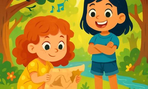 There are two main characters: Lily, an 8-year-old girl with curly red hair, wearing a yellow polka dot dress and pink sandals, crouching and examining an old treasure map with a curious look; and Ava, an 8-year-old girl with straight black hair, wearing a blue t-shirt and denim shorts, standing next to Lily with her arms crossed and a big smile, ready for adventure. The main setting is an enchanted forest with tall trees, thick trunks, and shiny green leaves. Sun rays filter through the foliage, illuminating the ground covered with colorful flowers and soft moss. A small sparkling stream flows nearby, and birds sing joyfully in the branches. The main situation shows Lily and Ava discovering a mysterious treasure map, sitting on the grass, surrounded by the beauty of nature, excited and curious, with elements of magic and mystery in the air.