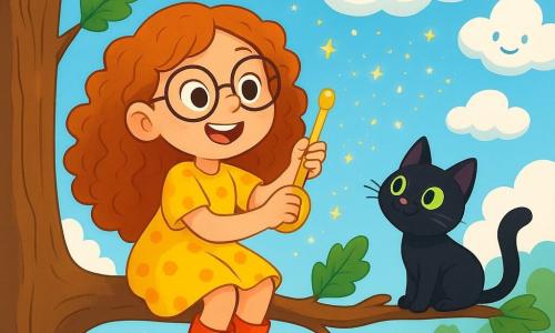 A 6-year-old girl named Lila, with long curly hair and round glasses, smiles with sparkling eyes of excitement. She wears a yellow polka dot dress and shiny rubber boots. Lila is perched on a branch of a large oak tree, holding a small golden lever in her hands, ready for action. Beside her, a small black cat named Tiddlewink, with mischievous green eyes, curiously watches, its tail in the air. The setting is a sunny garden filled with colorful flowers and tall grass, under a blue sky dotted with fluffy clouds. In the distance, there's a wooden house with a red roof, surrounded by flowering bushes. The main scene shows Lila about to pull the golden lever, surrounded by dancing clouds that seem to laugh and play, while sparkles of stardust fall around them, creating a magical and joyful atmosphere.