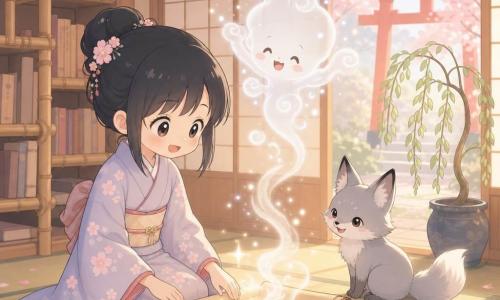 Hana, a smiling, gentle teenage girl of about 16 with straight black hair in a bun, wearing a pastel cherry-blossom kimono, kneels as she delicately opens an old scroll, eyes bright with wonder; a small, mischievous silver fox sits to her right watching curiously; a childlike wind spirit of white mist and tiny sparks laughs and floats above the unrolled scroll with cloudlike arms dancing; a potted weeping willow with cascading pale-green leaves stands by the window; the scene is a small wooden Japanese library with low bamboo shelves, light tatami, shōji panels letting in golden light, cherry petals on the floor and a red torii visible through the door, as Hana gently awakens the spirits of the ancient scrolls and warm light floods the room.