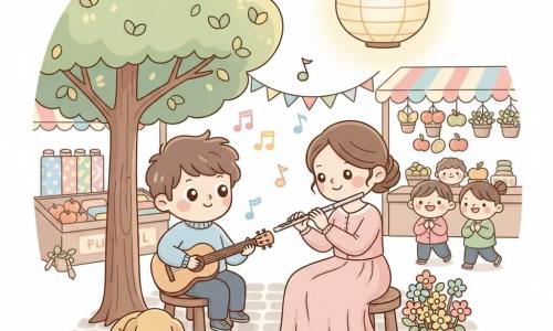 A smiling, joyful boy with tousled brown hair and bright round eyes plays a small honey-colored wooden guitar while sitting on a stool near a large tree with round leaves; a woman of about 30 with a soft bun wearing a pastel dress stands beside him holding a silver flute and smiling tenderly, their hands nearly touching; a small golden puppy sleeps curled at the stool’s base under a soft striped blanket; the paved market square has colorful stalls of fabrics and fruit, pennant garlands, potted flowers and a hanging lantern casting warm light; the pair plays a gentle melody with ribbon-like colorful musical notes floating around them as smiling townspeople tap their feet and children clap in the background; graphic style: simple rounded lines, bright pastels, soft textures, centered composition suitable for a 4-year-old.