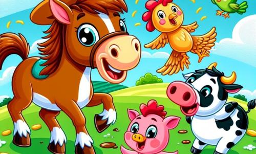 Um cavalo alegre chamado Tico, com uma crina marrom e olhos brilhantes, usa um chapéu divertido e dança em um campo verdejante. Ao seu lado, uma galinha ruiva, com penas brilhantes, bicoteia grãos de milho rindo. Um porquinho rosa, com um sorriso travesso, salta em uma poça de lama, espirrando lama ao redor. Ao fundo, uma vaca branca e preta, com manchas bem definidas, dança balançando seu rabo. O céu é azul com nuvens fofas, e flores coloridas estão espalhadas pelo chão. A cena retrata uma festa alegre e divertida onde todos os animais se divertem juntos, criando uma atmosfera de felicidade e camaradagem.