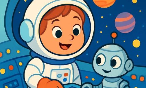 A female astronaut, Anna, with a big smile and sparkling eyes, wears a shiny white spacesuit and a round helmet. She stands in her spaceship, surrounded by colorful blinking buttons. Next to her, a friendly small robot with round eyes and a silver body appears to help her fix the control panel. The spaceship is filled with twinkling lights and incredible views of colorful planets through a large window. The main scene shows Anna, focused and joyful, solving a technical problem while dreaming of exploring the stars.