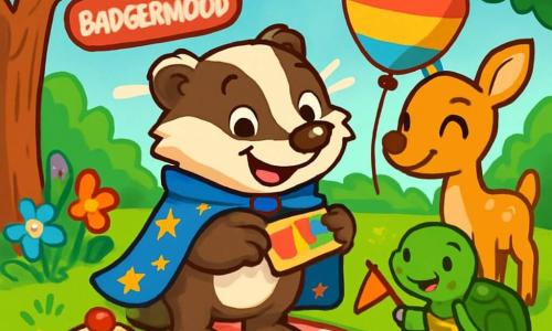 Benny the badger, with his brown fur and white stripes, stands at the center of the scene, wearing a starry cape and a big joyful smile. His eyes sparkle with excitement as he holds a colorful gift tag in his paws. Next to him, Daisy the doe, with her golden fur and large ears, looks at Benny with a warm smile, holding a colorful heart-shaped balloon. Toby the turtle, with his green shell and small legs, stands just behind, displaying a joyful expression and waving a small party banner. The scene takes place in a sunny clearing in Badgerwood, surrounded by trees with bright green leaves and colorful flowers dancing in the wind. A large red and white checkered blanket is spread on the grass, filled with cakes and treats. Benny is handing out gift tags to his friends, all gathered to celebrate his birthday, creating a festive and joyful atmosphere.