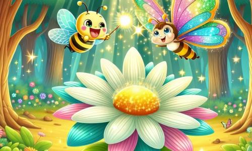 A small insect with a striped yellow body and shimmering wings joyfully flies above a large, brightly colored flower with multicolored petals, displaying an expression of excitement and determination. Next to it, a beautiful butterfly with delicate, colorful wings and a friendly, encouraging expression gracefully flies, pointing towards the magical flower. The setting is an enchanted forest filled with majestic trees, thick trunks, and vibrant green leaves, while rays of sunlight filter through the foliage, illuminating the ground scattered with wildflowers and small creatures. The main scene shows the small insect collecting the sparkling pollen from the magical flower, surrounded by an atmosphere of joy and adventure, ready to accomplish its heroic mission.