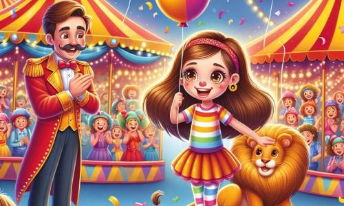 Una niña de 10 años, Clara, con largos cabellos castaños y ojos brillantes de alegría, se encuentra en el centro del escenario, sonriendo. Lleva una camiseta de rayas coloridas y zapatos brillantes, mientras sostiene un globo en forma de perro en una mano. A su lado, Miguel, un domador de leones de unos 30 años, con un bigote bien cuidado y un traje de circo rojo, observa a Clara con una mirada amable, listo para ayudarla. Al fondo, un gran león dorado, Lía, descansa majestuosamente en su jaula, mientras un payaso de cabello multicolor, Risi, hace muecas para divertir al público. El lugar es un circo vibrante, lleno de colores brillantes: carpas rojas y amarillas, luces centelleantes y un público entusiasta que aplaude. La escena está animada por globos flotantes y confeti que cae del cielo. Clara, radiante de felicidad, interactúa con los animales del circo, mientras Miguel la anima a participar en un espectáculo, creando una atmósfera de magia y aventura.