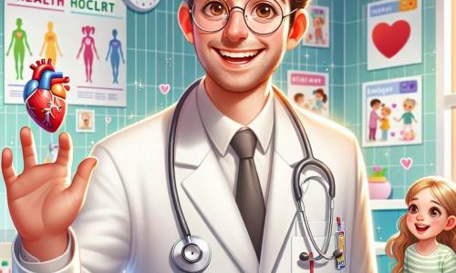 A smiling and warm man, Dr. Ben, wears a bright white coat and a stethoscope around his neck. He has brown hair and round glasses, and he is showing a heart model to children, their eyes sparkling with enthusiasm. Next to him, a 7-year-old girl with curly blonde hair raises her hand curiously, a big smile on her face. A 6-year-old boy with glasses and black hair holds a toy doctor and looks at Dr. Ben with admiration. The scene takes place in a bright clinic filled with colorful walls, educational health posters, and toys scattered on the floor. Dr. Ben explains to the children how he helps patients feel better, while they listen attentively, fascinated by his joyful and engaging speech.