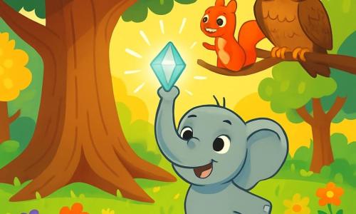 Ein kleiner Elefant namens Emil, mit weicher grauer Haut und breiten Ohren wie Palmenblätter, steht im Mittelpunkt der Szene, seine Augen leuchten vor Aufregung und ein großes Lächeln ziert sein Gesicht. Neben ihm klettert Lilli, ein quirliges Eichhörnchen mit funkelnden Augen und rötlichem Fell, fröhlich auf einem Ast, während Fynn, eine alte Eule mit braunen Federn und weisen Augen, auf einem Ast direkt darüber sitzt und die Szene mit einem ernsthaften, aber wohlwollenden Blick beobachtet. Die Kulisse ist eine wunderschöne Lichtung, die von goldenem Licht durchflutet wird, umgeben von dicken Bäumen mit bunten Blättern, wo leuchtende Blumen in allen Farben im Wind tanzen. In der Mitte dieser Lichtung steht ein großer, alter Baum, dessen Stamm so breit wie ein Haus ist und eine magische Aura ausstrahlt, mit Wurzeln, die sich wie einladende Arme ausstrecken. Die Hauptsituation zeigt Emil, der einen strahlenden Kristall über seinen Kopf hebt, umgeben von seinen Freunden, während ein Lichtstrahl aus dem Kristall hervorbricht, die Lichtung erleuchtet und die Luft mit sanfter Magie erfüllt.