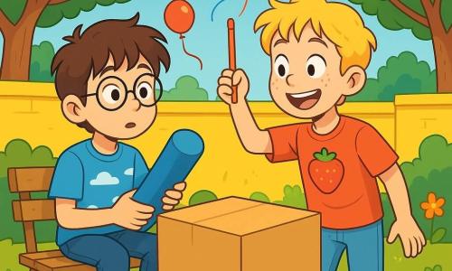 Ci sono 2 personaggi principali: Luca, un ragazzo di 10 anni con capelli castani arruffati, occhiali rotondi e una maglietta blu con nuvole, seduto su una panchina con una grande matita blu in mano e un'espressione curiosa; e Mirko, un ragazzo di 10 anni con capelli biondi e lentiggini, che indossa una maglietta rossa con una fragola disegnata, in piedi accanto a Luca e agitando una piccola matita rossa come una bacchetta magica, con un grande sorriso. La scena si svolge in un cortile colorato, circondato da muri gialli e verdi, alberi con foglie brillanti e fiori multicolori. Al centro, un grande cubo di cartone liscio e lucido attira l'attenzione dei bambini, mentre giocattoli divertenti come palloni e aquiloni fluttuano intorno a loro. La situazione principale mostra Luca e Mirko che scoprono il misterioso cubo di cartone appena caduto dal cielo, meravigliati e intrigati, pronti a esplorare cosa potrebbe rivelare questo cubo magico, con risate e espressioni di sorpresa sui loro volti.
