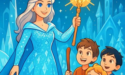 La regina delle nevi, una donna maestosa di circa trent'anni, indossa un abito scintillante di cristalli di ghiaccio che riflettono la luce delle stelle. Il suo viso è dolce ma determinato, con occhi blu profondi che esprimono saggezza e compassione. Solleva un antico scettro che emette una luce dorata, mentre un sorriso caloroso illumina il suo volto. Accanto a lei, un gruppo di tre bambini, tra gli 8 e i 10 anni, osserva con meraviglia. Il primo, un ragazzo dai capelli castani e occhi vivaci, tiene un vecchio bastone di legno, lo Scettro dei Sogni, e sembra impaziente. La seconda, una ragazza dai capelli biondi e ricci, indossa un vestito di tessuto leggero e sorride con speranza, mentre il terzo, un ragazzo dai capelli neri, guarda la regina con ammirazione, gli occhi spalancati. La scena si svolge in una grande piazza del regno di cristalli, circondata da torri di vetro scintillanti e sculture di ghiaccio brillanti, sotto un cielo stellato. Fiocchi di neve cadono dolcemente, aggiungendo un tocco magico all'atmosfera. La regina delle nevi, con il suo scettro luminoso, si prepara a trasformare il regno, unendo il freddo e il caldo per portare giustizia e armonia al suo popolo.
