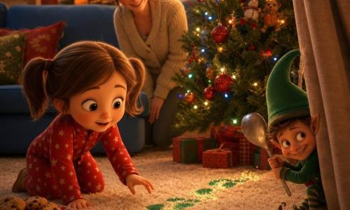 A 4-year-old girl with light brown pigtails and rosy cheeks in red starry pajamas kneels by a plate of cookies, eyes wide with wonder, reaching timidly toward small glittering green footprints. A mischievous elf about 20 cm tall with a green pointed hat and matching jacket peeks from behind a curtain, tapping a spoon turned into a hat and leaving a trail of sparkles. A smiling mother in her 30s with her hair in a bun and a cream knit cardigan stands by the sofa watching amusedly. The cozy, festive living room has a beige plush rug, a blue sofa, multicolored lights on a decorated Christmas tree, and a hint of cinnamon in the air; the girl discovers the glittering footprints leading the cookies toward the tree while the elf hides laughing, creating a gentle, magical, playful scene.