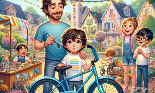 Lucas, un niño de 10 años con el cabello castaño desordenado y ojos brillantes, está a la izquierda, sonriendo con orgullo mientras sostiene una vieja bicicleta restaurada pintada de azul brillante. A su derecha, su padre, un hombre de unos treinta años con cabello castaño y barba ligera, mira la bicicleta con asombro, sonriendo ampliamente. Clara, una niña de 9 años con trenzas rubias y una camiseta colorida, está detrás de Lucas, levantando los brazos en señal de victoria. Mateo, un niño de 10 años con gafas y cabello negro, está al lado de Clara, sosteniendo una llave inglesa, listo para ayudar. La escena tiene lugar en una hermosa plaza del pueblo, rodeada de casas coloridas y flores en plena floración, con guirnaldas de luces decorando los árboles y familias reunidas alrededor de un puesto de juegos y comida, creando una atmósfera alegre y festiva. En el centro de la ilustración, Lucas revela la bicicleta a su padre, un momento de sorpresa y felicidad compartida, simbolizando el amor y la gratitud por el Día del Padre.