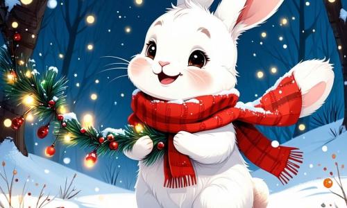 Un pequeño conejo travieso, llamado Rufi, con un pelaje blanco y suave como la nieve, se encuentra en el centro de la escena, con los ojos brillantes de emoción y una gran sonrisa en su rostro. Lleva una bufanda roja de lana y sostiene en sus patas una guirnalda colorida adornada con luciérnagas centelleantes. A su lado, su amigo el erizo Tito, con su espalda cubierta de espinas marrones y los ojos chispeantes de alegría, observa la guirnalda con asombro. La escena transcurre en un hermoso paisaje invernal, donde árboles majestuosos están cubiertos de nieve brillante y un cielo estrellado ilumina la noche. Rufi y Tito, rodeados de la belleza del paisaje, están preparando una sorpresa de Navidad para la abuela de Rufi, colgando la guirnalda luminosa en la entrada de la acogedora madriguera de la abuela, llena de bayas rojas y luces festivas.