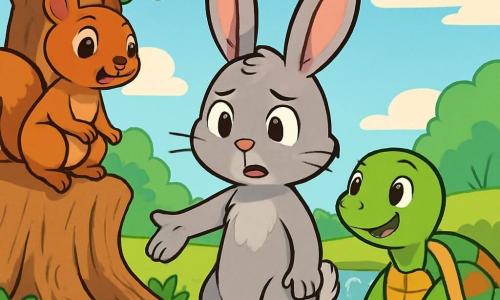 Um pequeno coelhinho cinza, Léo, com grandes orelhas e olhos brilhantes de curiosidade, está no centro da cena, com uma expressão inquieta mas determinada, estendendo uma pata em direção a um grupo de animais. À sua direita, uma tartaruga verde, Rita, com uma carapaça colorida, olha para Léo com um sorriso reconfortante, seus olhos brilhando de encorajamento. À esquerda, um esquilo marrom, Tomás, com patas pequenas e ágeis, sobe em um galho, atento e pronto para ouvir. Ao fundo, uma grande e majestosa árvore separa o céu azul claro das nuvens brancas, enquanto um riacho brilha ao sol. A cena representa uma reunião amigável sob a árvore, onde os animais discutem para resolver um conflito, com expressões de compreensão e esperança em seus rostos.
