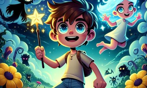 La imagen muestra a Lúcio, un niño de 12 años con cabello despeinado y ojos brillantes como estrellas, empuñando su varita mágica con determinación. Su rostro expresa una combinación de emoción y valentía mientras se prepara para enfrentar criaturas oscuras. A su lado está Lyra, una niña de 11 años con cabello azul flotante y ojos chispeantes, que lo anima con una sonrisa confiada. Ella está conjurando un hechizo, con las manos levantadas hacia el cielo, rodeada de pequeñas chispas luminosas. El escenario es un campo de flores brillantes en el planeta Mistral, donde nubes flotantes bailan sobre ellos, creando una atmósfera mágica. En el fondo, criaturas oscuras llamadas Sombríos se acercan, con ojos brillantes y siluetas amenazantes recortándose contra el cielo estrellado. La situación principal muestra a Lúcio y Lyra unidos en una lucha épica, listos para defender su mundo contra los Sombríos, con destellos de luz mágica iluminando la escena.