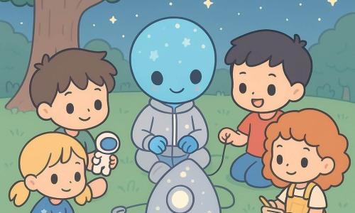 There are 4 children: Ari, a 9-year-old boy with tousled brown hair, wearing a green t-shirt and beige shorts, holding a small plastic astronaut. Mina, a 9-year-old girl with blonde hair in pigtails, wearing a blue dress with white stars, looks at the astronaut curiously. Jonah, a 9-year-old boy with short black hair, wearing a red t-shirt and jeans, observes Lumo with a delighted smile. Saffy, a 9-year-old girl with curly red hair, wearing yellow overalls, holds a small notebook and pencil. They are sitting in a circle on the grass under a large oak tree in a park. Lumo, a small blue-skinned alien with star-shaped spots, stands in the center of the circle, wearing a silver jacket and smiling warmly. The setting is a lush park with a wide expanse of soft grass and majestic trees. The sky is dotted with twinkling stars, and a gentle moonlight illuminates the scene. The main situation shows the children and Lumo repairing a small silver spaceship resting on the grass. The spaceship is teardrop-shaped and emits a soft glow. The children are focused and joyfully collaborating, surrounded by small tools and glowing wires.