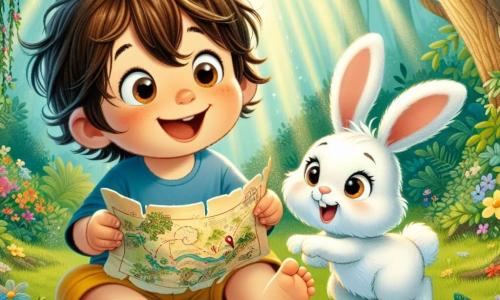 A one-year-old boy with big curious eyes and messy brown hair smiles joyfully while holding a treasure map in his small hands. He wears a blue t-shirt and yellow shorts, sitting on the green grass surrounded by colorful flowers. Next to him is an adorable stuffed bunny named Bella, with white fur and long ears, looking at Max with sparkling eyes of excitement. Bella is happily hopping, ready to join him on the adventure. The setting is an enchanted forest with tall trees, thick trunks, and vibrant green leaves. Sunlight filters through the branches, illuminating the leaf-covered ground and wildflowers. The main scene shows Max and Bella discovering a sparkling clue on the ground, surrounded by mystery and adventure, ready to follow the hints to find hidden treasure.